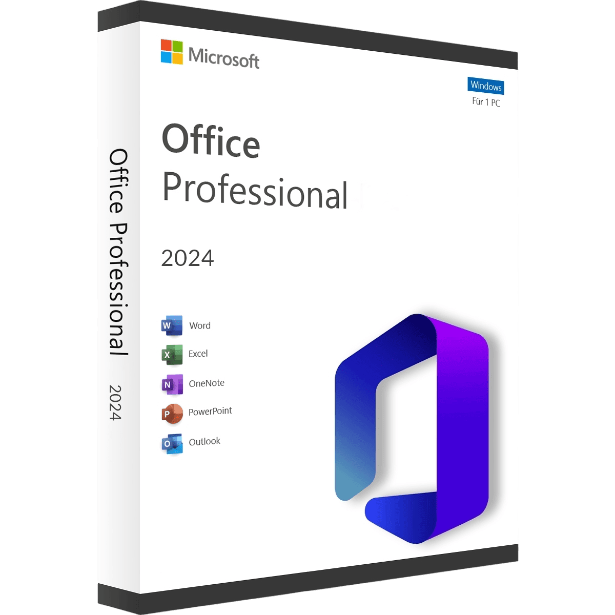 Verpackung von Microsoft Office Professional 2024 mit Symbolen für Word, Excel, OneNote, PowerPoint und Outlook